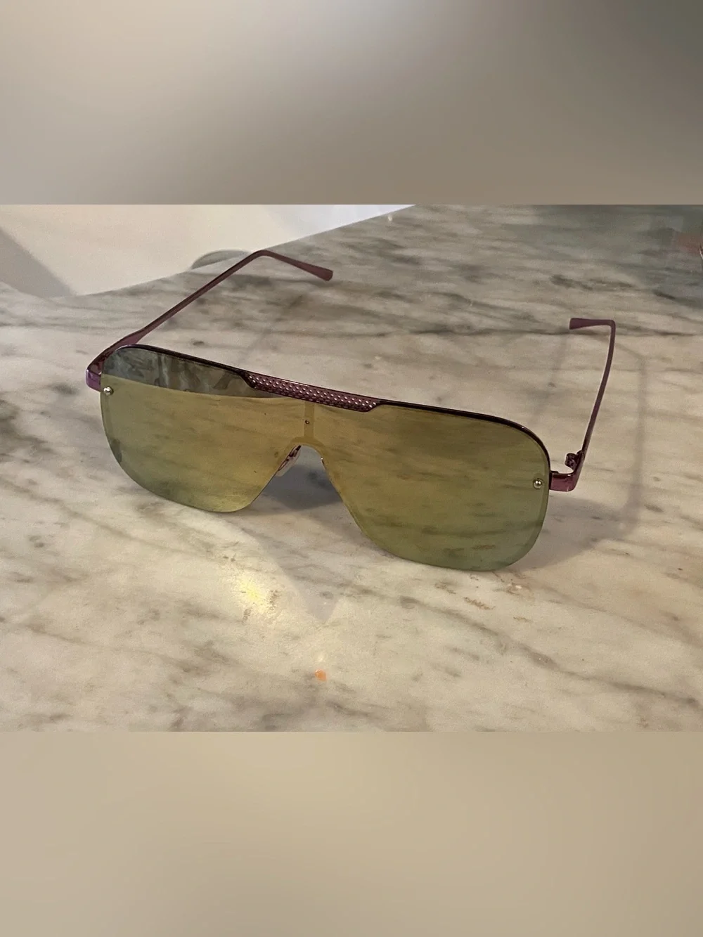 Purple Frame Shield Sunglasses with Gold Mirrored Lens